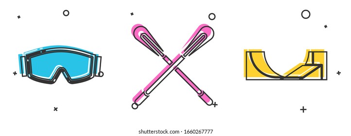 Set Ski goggles, Crossed paddle and Skate park icon. Vector