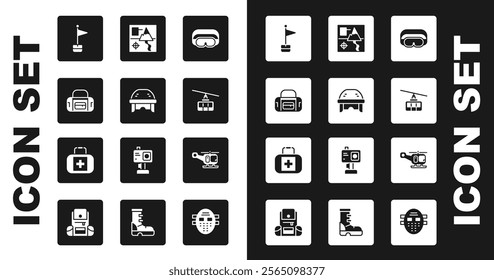 Set Ski goggles, Hockey helmet, Sport bag, Location marker, Cable car, Folded map, Rescue helicopter and First aid kit icon. Vector