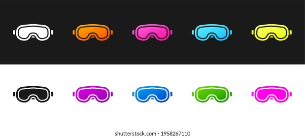 Establece el icono de las gafas de esquí aislado en fondo blanco y negro. Deporte extremo. Equipamiento deportivo.  Ilustración vectorial