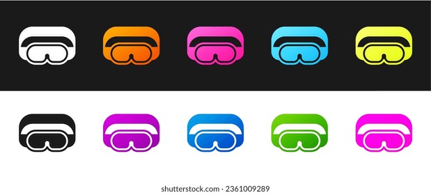 Establece el icono de las gafas de esquí aislado en fondo blanco y negro. Deporte extremo. Equipamiento deportivo.  Vector