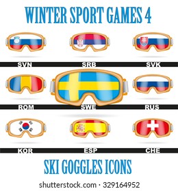Set of Ski goggles icons of the flag different countries. Winter Sport Vector Illustration isolated on white background