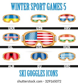 Set of Ski goggles icons of the flag different countries. Winter Sport Vector Illustration isolated on white background