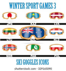 Set of Ski goggles icons of the flag different countries. Winter Sport Vector Illustration isolated on white background