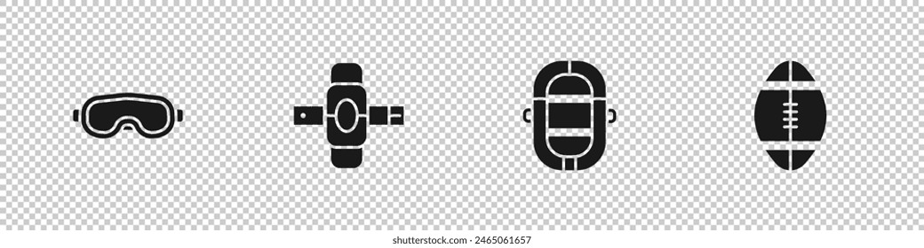 Set Ski goggles, Knee pads, Rafting boat and Rugby ball icon. Vector