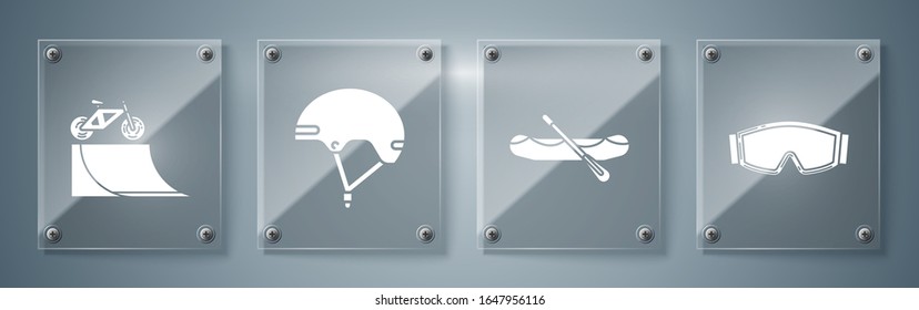 Set Ski goggles, Rafting boat, Helmet and Bicycle on street ramp. Square glass panels. Vector