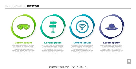 Set Ski goggles, Road traffic sign, Wi-Fi wireless internet network and Elegant women hat. Business infographic template. Vector