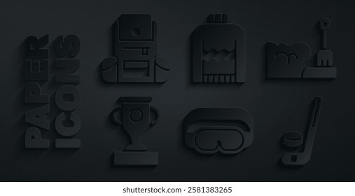 Set Ski goggles, Shovel in snowdrift, Award cup, Ice hockey stick and puck, Christmas sweater and Hiking backpack icon. Vector