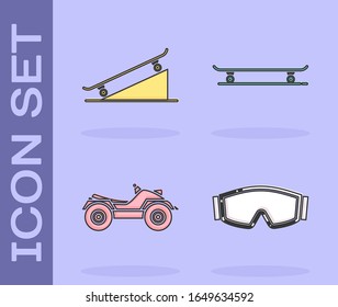 Set Ski goggles, Skateboard on street ramp, All Terrain Vehicle or ATV motorcycle and Skateboard icon. Vector