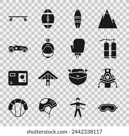 Set Ski goggles, Snowmobile, Aqualung, Surfboard, Helmet and action camera, Vintage sport racing car, Longboard skateboard and Boxing glove icon. Vector