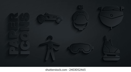 Set Ski goggles, Speedboat, Bungee jumping, Skates, Helmet and action camera and Vintage sport racing car icon. Vector