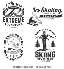 Set of ski and Ice Skate club, logo, badge design. Concept for shirt or logo, print, stamp or tee with ski glasses, ski, ice skater, skate, skates blades and helmet . Winter sport. Vector