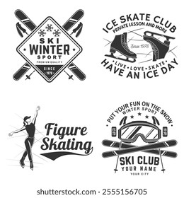 Set of ski and Ice Skate club, logo, badge design. Concept for shirt or logo, print, stamp or tee with ski glasses, ski, ice skater, skate, skates blades and helmet . Winter sport. Vector