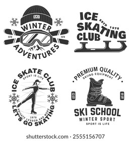 Set of ski and Ice Skate club, logo, badge design. Concept for shirt or logo, print, stamp or tee with ski glasses, ski, ice skater, skate, skates blades and helmet . Winter sport. Vector