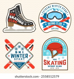 Set of ski and Ice Skate club, logo, badge, textile patch. Concept for shirt or logo, print, stamp or tee with ski glasses, ski, ice skater, skate, skates blades and helmet. Winter sport. Vector