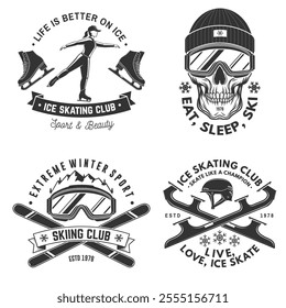 Set of ski and Ice Skate sport retro badge. Vector shirt, print, seal or stamp with ski glasses, skull skeleton in winter sport hat, skate, skates blades and helmet. Family vacation, activity or