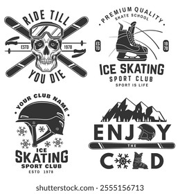 Set of ski and Ice Skate sport retro badge. Vector shirt, print, seal or stamp with ski glasses, skull skeleton in winter sport hat, skate, skates blades and helmet. Family vacation, activity or