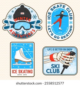 Set of ski and Ice Skate sport retro badge, textile patch. Vector shirt, print, seal or stamp with ski glasses, skeleton, winter sport hat, skate, skates blades and helmet. Family vacation, activity