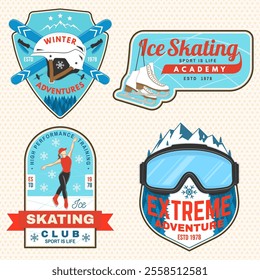 Set of ski and Ice Skate sport retro badge, textile patch. Vector shirt, print, seal or stamp with ski glasses, mountain, skate, skates blades and helmet. Family vacation, activity or travel.