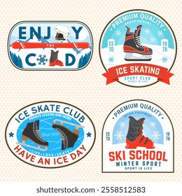 Set of ski and Ice Skate sport retro badge, textile patch. Vector shirt, print, seal or stamp with ski glasses, ski, mountain, skate, skates blades and helmet. Family vacation, activity or travel.