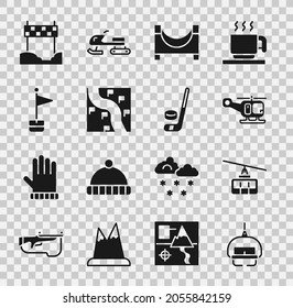 Set Ski lift, Cable car, Rescue helicopter, Skate park, Route location, Location marker, Ribbon in finishing line and Ice hockey stick and puck icon. Vector