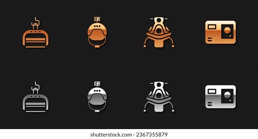 Set Ski lift, Helmet and action camera, Snowmobile and Action extreme icon. Vector