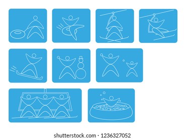 Set of ski linear navigation signs cable lift, winter sports, snowtubing, snowball game, jacuzzi on blue backkground,. Design for tourist catalog, maps of the ski slopes. Vector illustration.