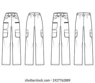 Set of Ski pants technical fashion illustration with normal low waist, high rise, zipper patch pockets, belt loops, full lengths. Flat template front back, white color. Women, men, unisex CAD mockup