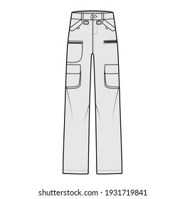 Set of Ski pants technical fashion illustration with low waist, rise, flap zipper patch pockets, belt loops, full lengths. Flat bottom apparel template front, grey color style. Women, men, CAD mockup