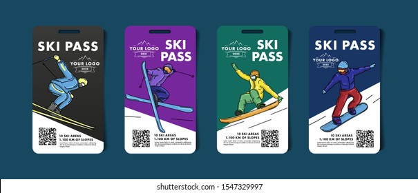 Set of ski pass cards, admission for lift to the mountain slopes with colorful illustrations of skier and snowboarder with qr code