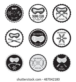 Set of ski patrol, club and rental in flat style. Mountain badges, logos, design elements, labels, stamps.