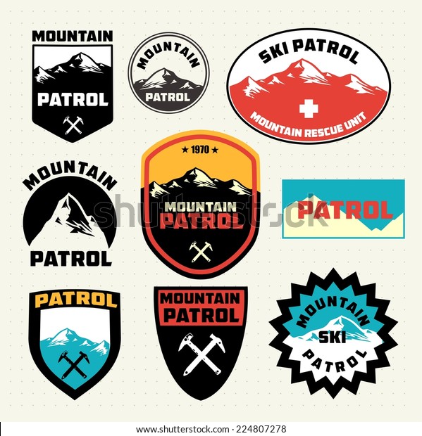 Set of ski\
patrol mountain badges and logo\
patches