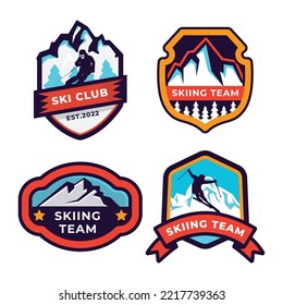 Set of ski patrol, ski resort, ice mountain badges and logo patches. Winter holidays extreme sports logo.