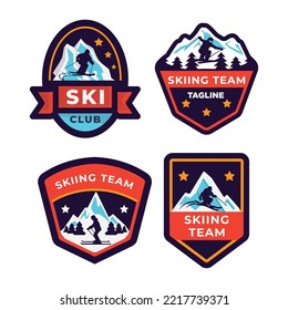 Set of ski patrol, ski resort, ice mountain badges and logo patches. Winter holidays extreme sports logo.