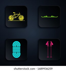 Set Ski poles, Bicycle, Climber rope and Snowboard. Black square button. Vector