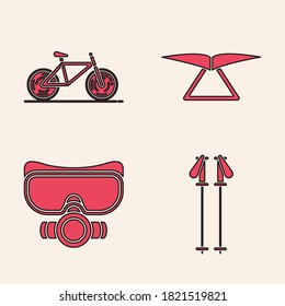 Set Ski poles, Bicycle, Hang glider and Diving mask icon. Vector