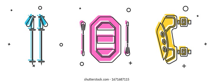 Set Ski poles, Rafting boat and Knee pads icon. Vector