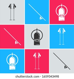 Set Ski poles, Surfboard and Aqualung icon. Vector