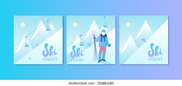 Set of Ski Resort illustrations. Square Posters. Skier holding sports equipment. Winter view and ski lift.