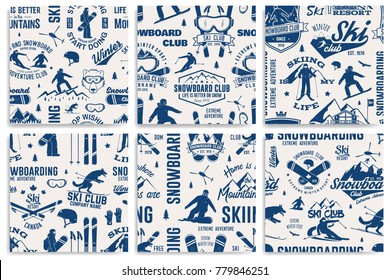 Set of Ski and Snowboard Club seamless pattern. Vector. Concept for shirt, print, stamp, badge or tee. Vintage typography design with snowboarder and skier silhouette. Winter Extreme sport.