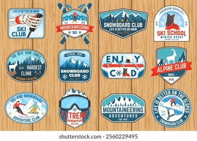 Set of ski and Snowboard Club sport retro badge, textile patch. Vector shirt, print, seal or stamp with ski glasses, skeleton, winter sport hat, skate, helmet, snowboarder and mountain.