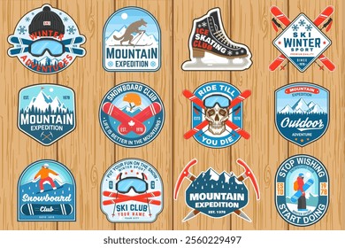 Set of ski and Snowboard Club sport retro badge, textile patch. Vector shirt, print, seal or stamp with ski glasses, skeleton, winter sport hat, skate, helmet, snowboarder and mountain.