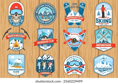 Set of ski and Snowboard Club sport retro badge, textile patch. Vector shirt, print, seal or stamp with ski glasses, skeleton, winter sport hat, skate, helmet, snowboarder and mountain.