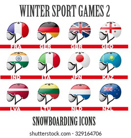 Set of Ski snowboard helmets goggles icons of the flag different countries. Winter Sport Vector Illustration isolated on white background