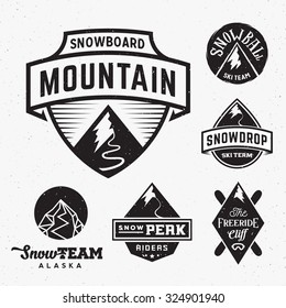 Set of Ski Snowboard Snow Mountains Sport Logos or Vintage Labels, with Shabby Texture. Isolated.