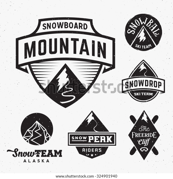 スキー用スノーボード スノーマウンテンスポーツのロゴ またはビンテージラベルのセットで みすぼらしいテクスチャーを使用 分離型 のベクター画像素材 ロイヤリティフリー
