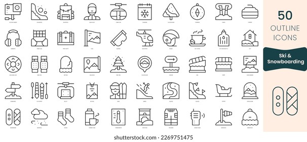 Set of ski and snowboarding icons. Thin linear style icons Pack. Vector Illustration