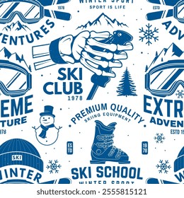 Set of ski sport club seamless pattern design. Background, wallpaper, seamless pattern with skeleton hand holding ski pole, skis, ski glasses and helmet. Vector illustration.