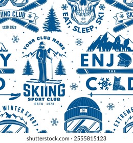 Set of ski sport club seamless pattern design. Background, wallpaper, seamless pattern with ski pole, skis, ski glasses and helmet. Vector illustration