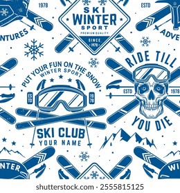 Set of ski sport club seamless pattern design. Background, wallpaper, seamless pattern with ski pole, skis, ski glasses and helmet. Vector illustration