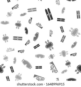 Set Ski and sticks, Bicycle on street ramp, Knee pads and Ski goggles on seamless pattern. Vector